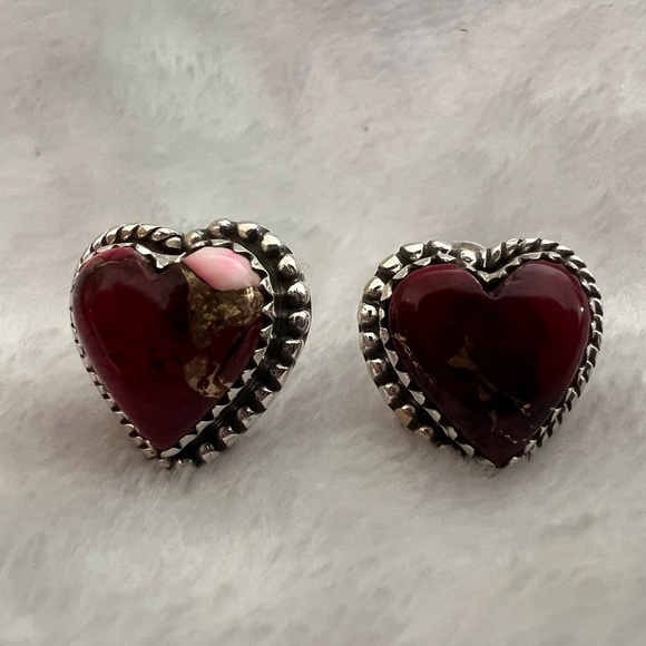 ❤️ Red Rose Pink Dahlia Turquoise 925 Southwestern Post Back Heart Earrings 7 gm - Picture 10 of 10